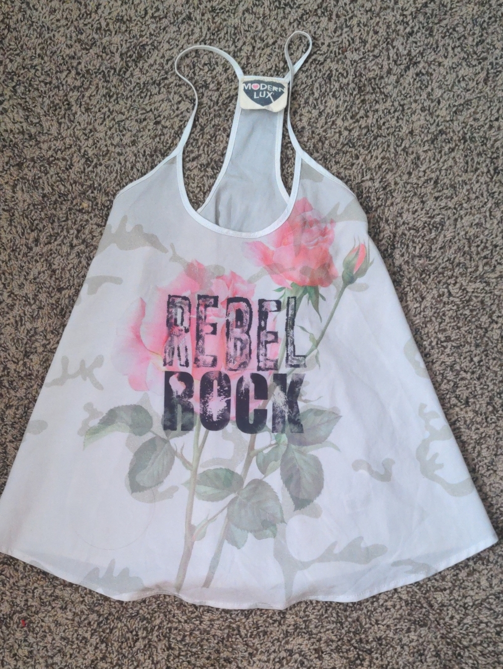 Modern Lux White Floral 'Rebel Rock' Racerback Tank Top Relaxed Fit Flowy Comfy